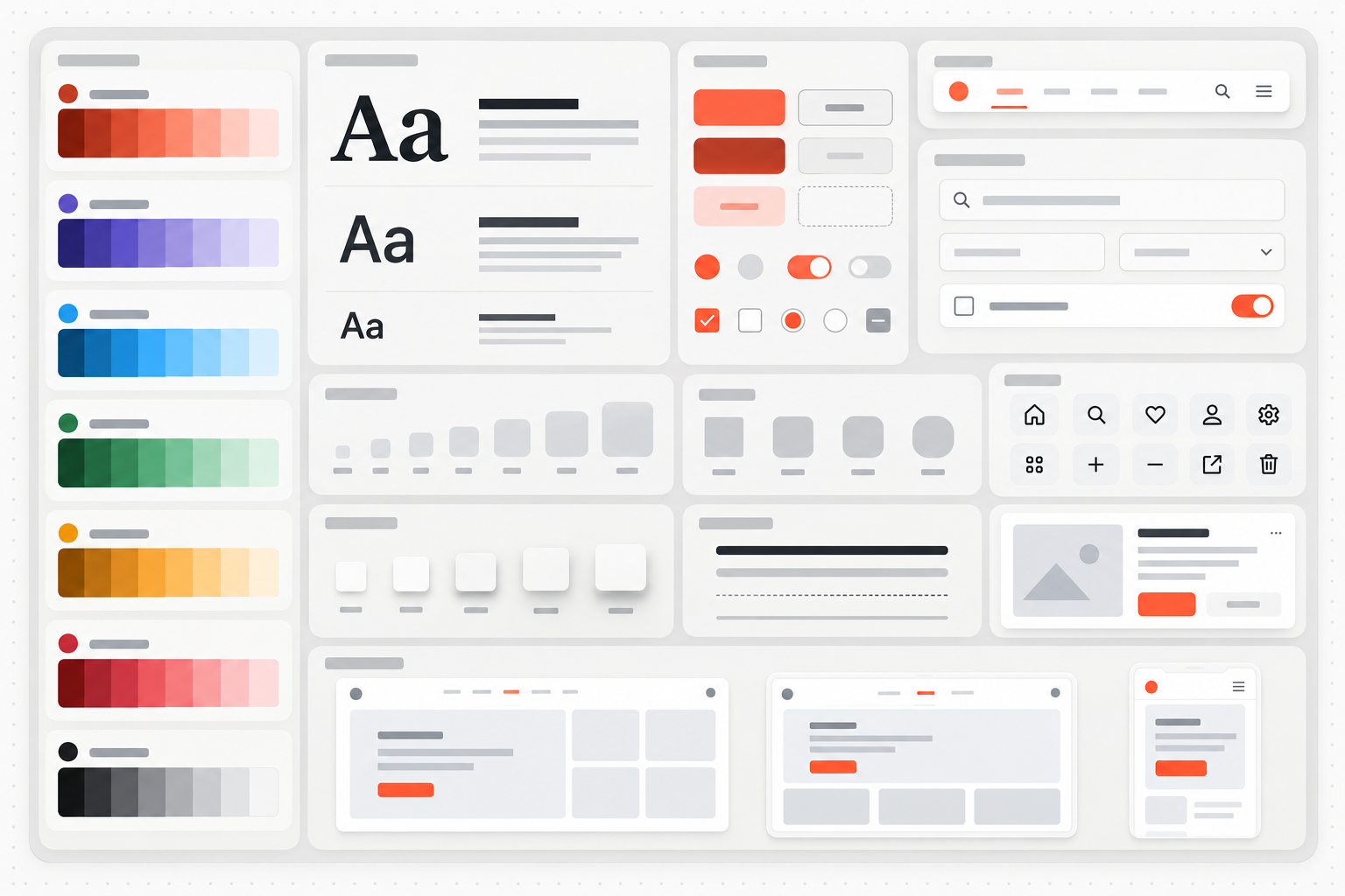A website design system containing color, type, grid, and component tokens
